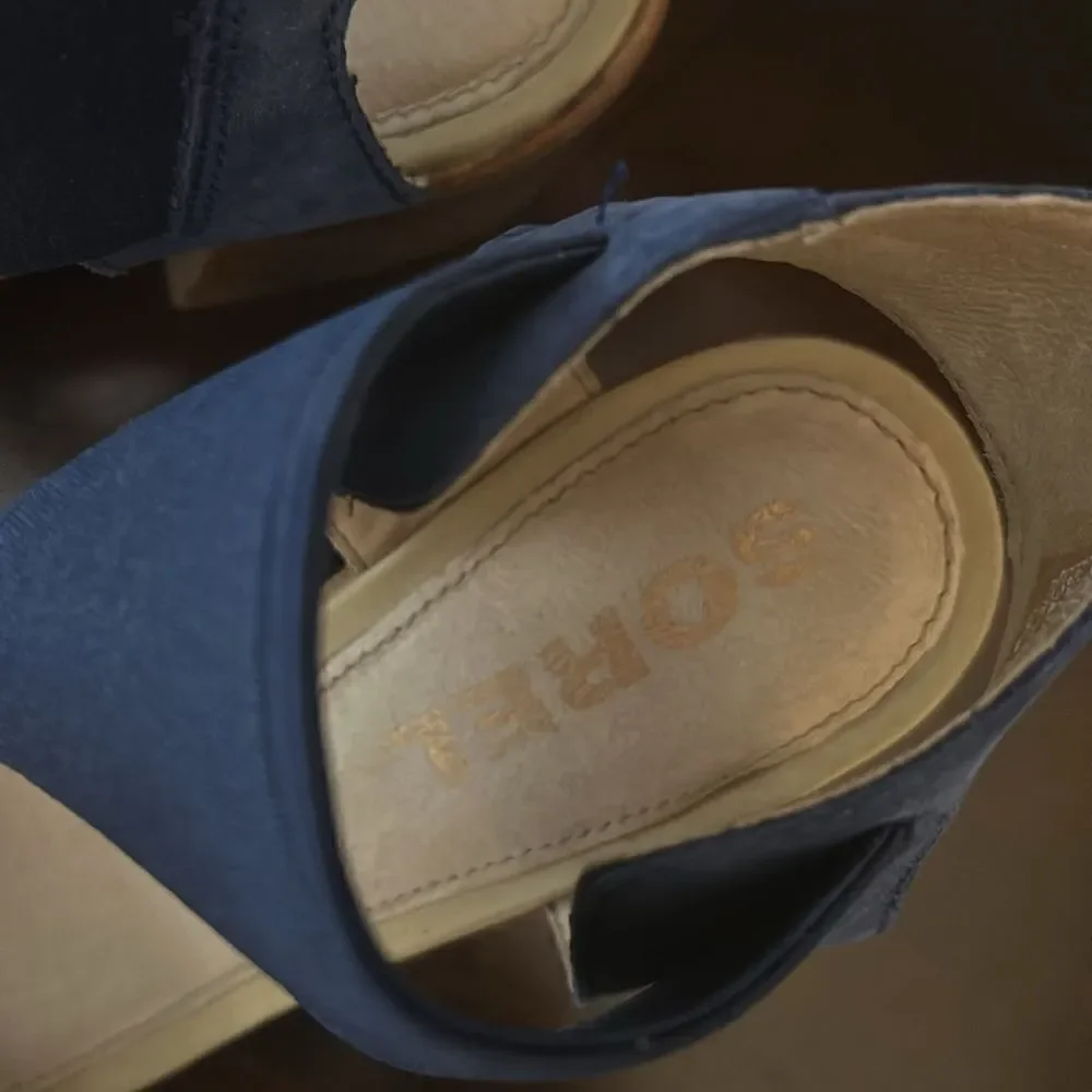 Sorel women summer blue sandals low heel slip on shoe designer pumps denim look - Picture 3 of 7